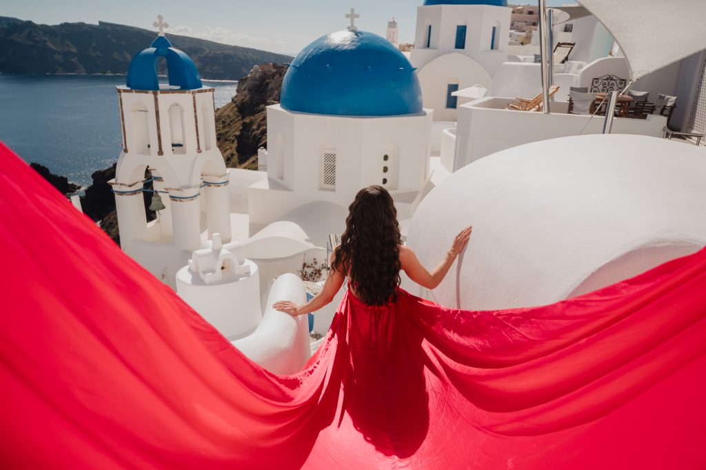 Santorini flying dress photoshoot